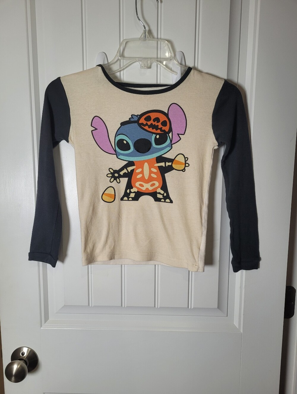 Girls Disney Stitch Long-Sleeve Graphic Top in Cream and Black
